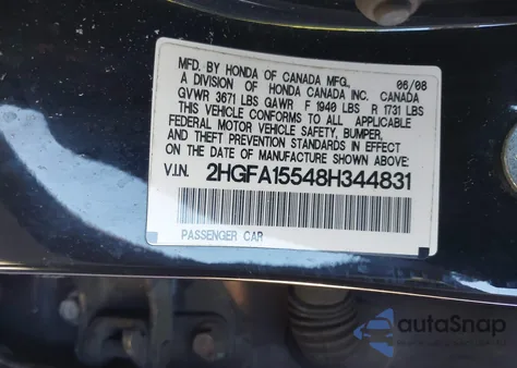 2008 Honda Civic Lx z USA, uszkodzony, nr VIN 2HGFA15548H344831